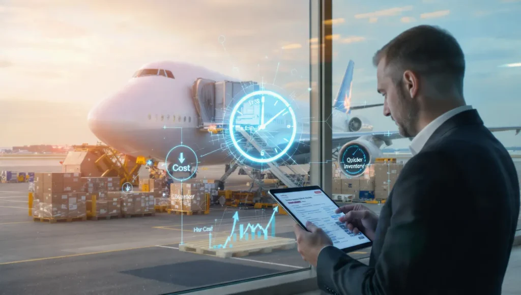 Air freight shipment at airport showing faster delivery but higher freight cost impact on landed cost and cash flow.