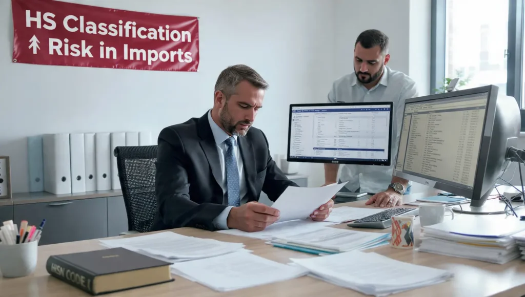 Customs officer reviewing HSN classification documents highlighting risk of incorrect duty calculation in imports.