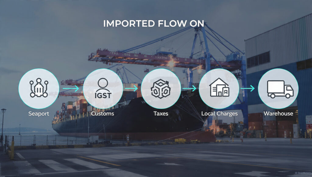 Illustration of imported electronics shipment showing customs duties, taxes, port charges, and final delivery to warehouse in landed cost calculation