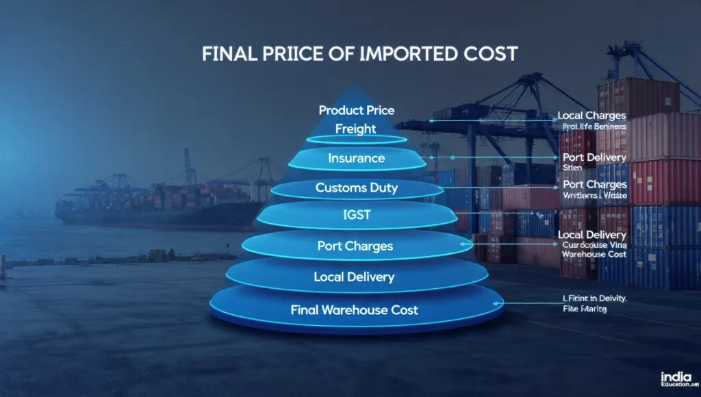 Illustration showing landed cost breakdown in Indian import business including product price, freight, customs duty, IGST, port charges, and warehouse delivery