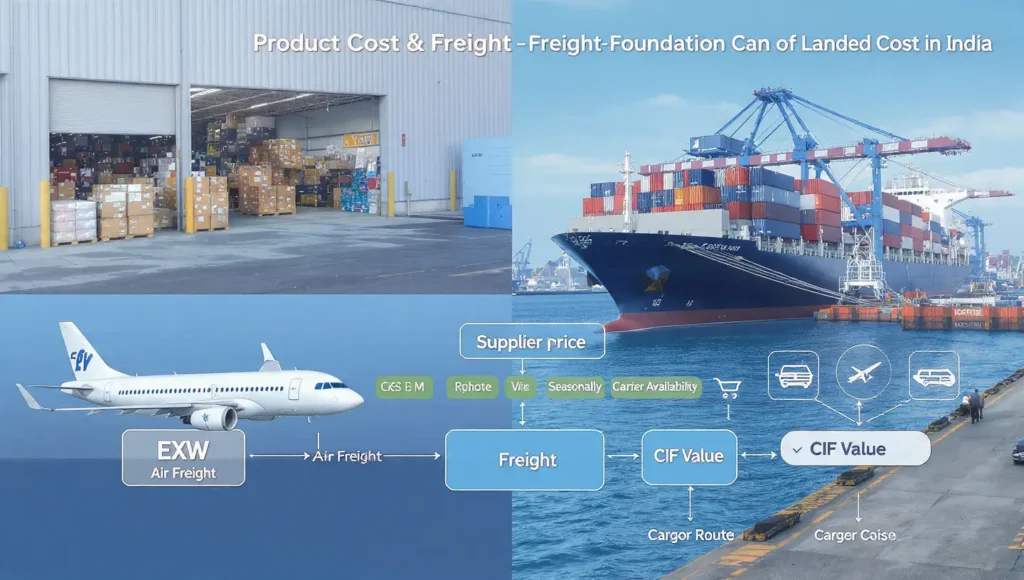 Infographic showing EXW and FOB product cost with air and sea freight comparison forming CIF value in Indian import business.