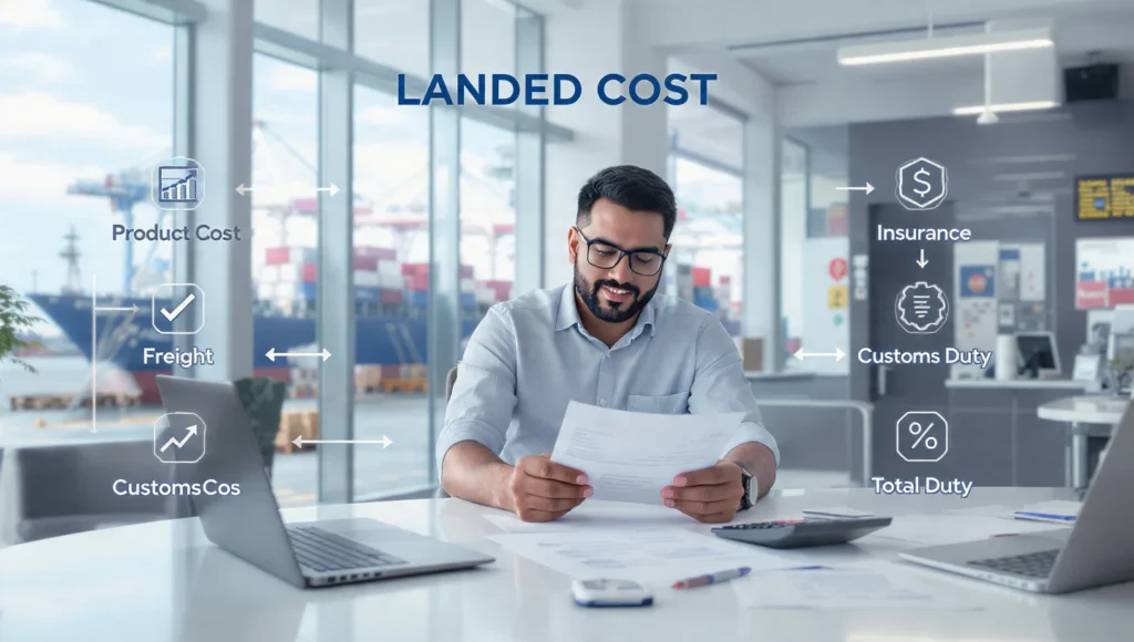 Visual flow of landed cost calculation in India showing product cost, freight, insurance, customs duty, and taxes for imported electronics