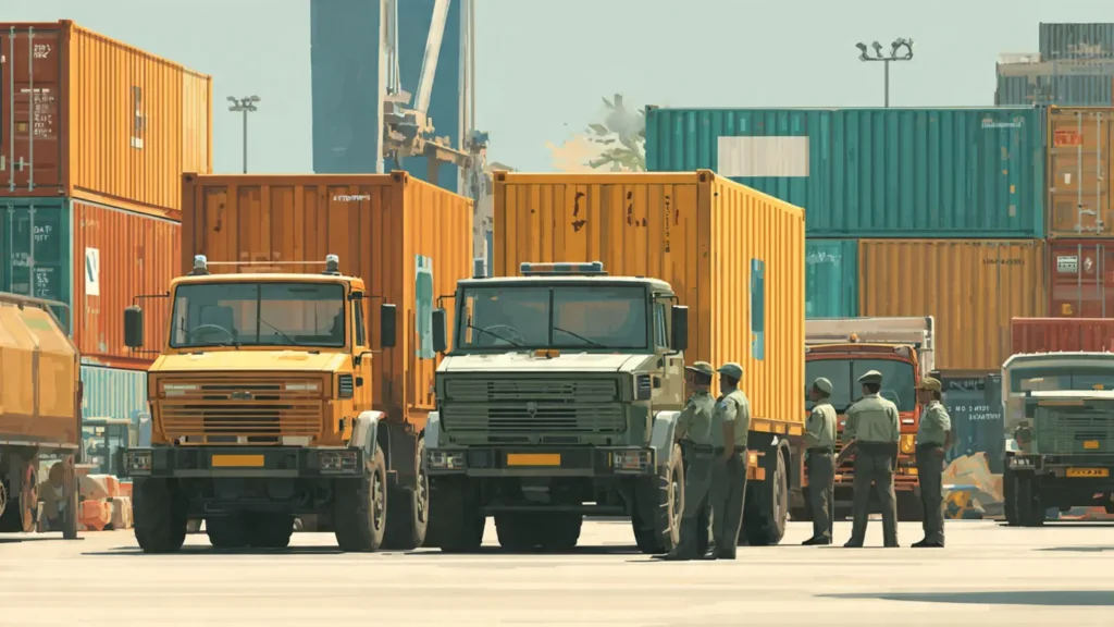Customs inspection and release of imported cargo at an Indian port with trucks ready for delivery