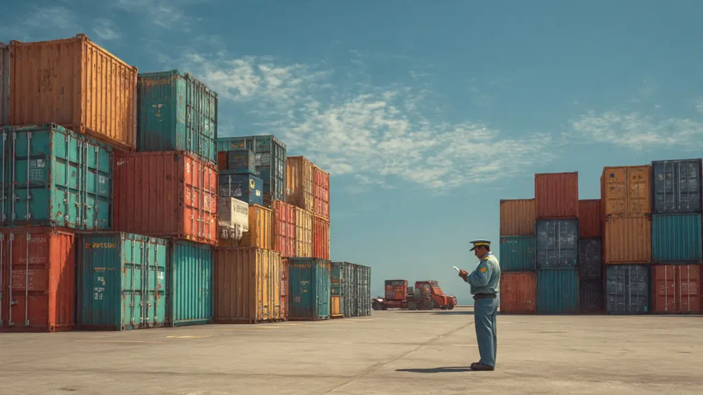 Customs officer checking cargo and documents at an Indian port.