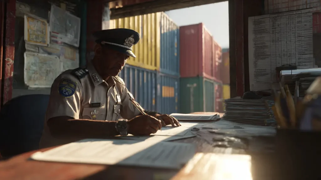 Customs officer reviewing import documents and processing clearance at an Indian port.