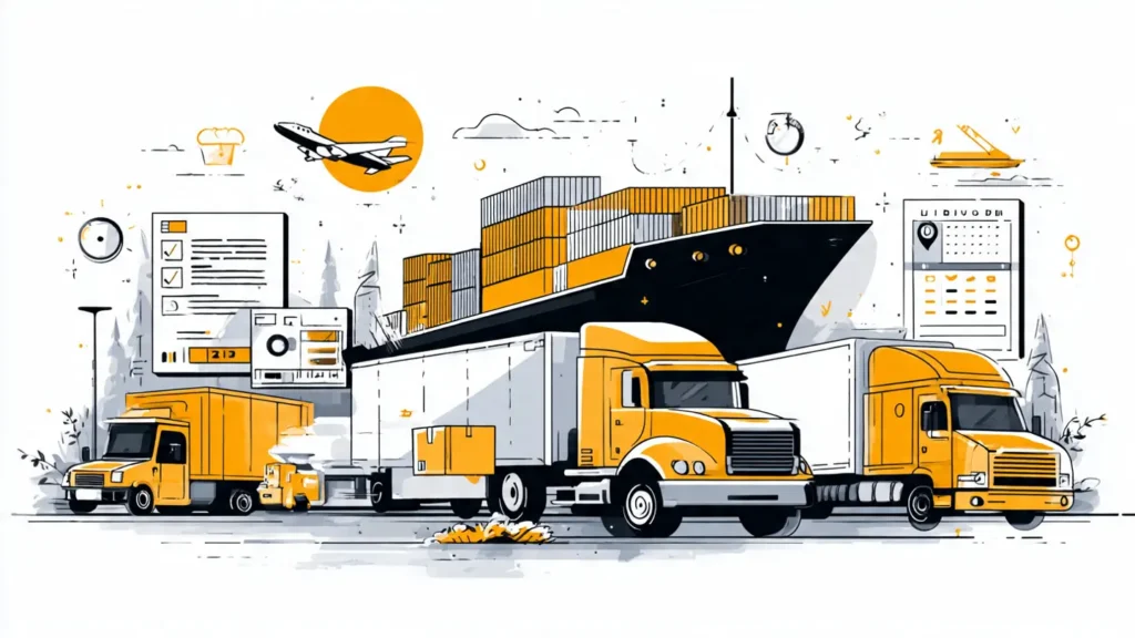 Freight booking process including cargo pickup, transport to port, and shipment scheduling