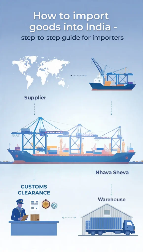 Step-by-step process of importing goods into India showing supplier, shipping, customs clearance, and final delivery logistics