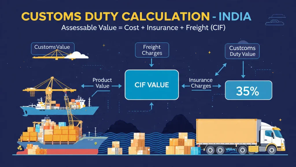 Assessable value calculation for imports into India including product cost freight and insurance CIF value for customs duty calculation