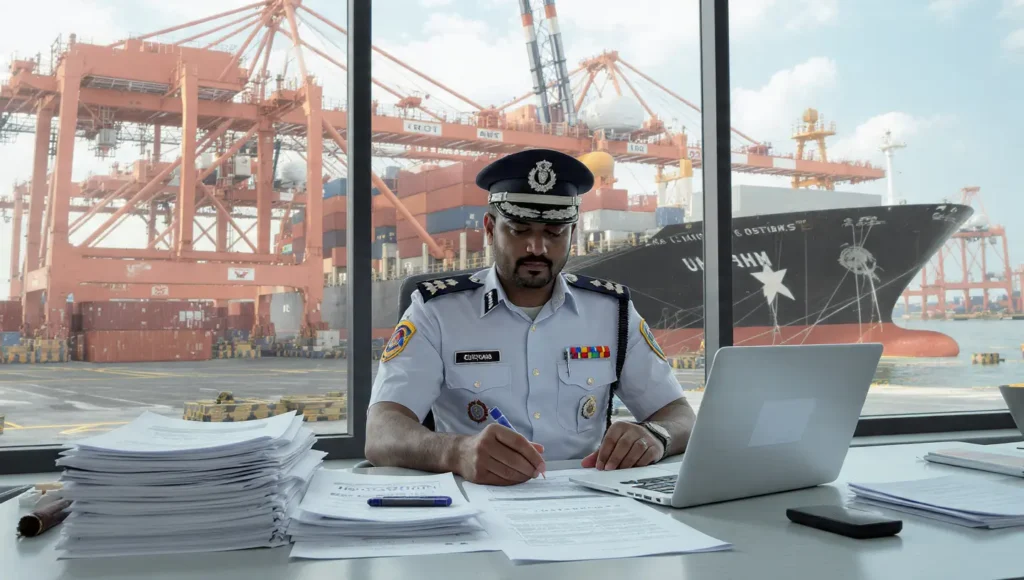 Customs officer verifying HS code classification for imported cargo during customs clearance process in India