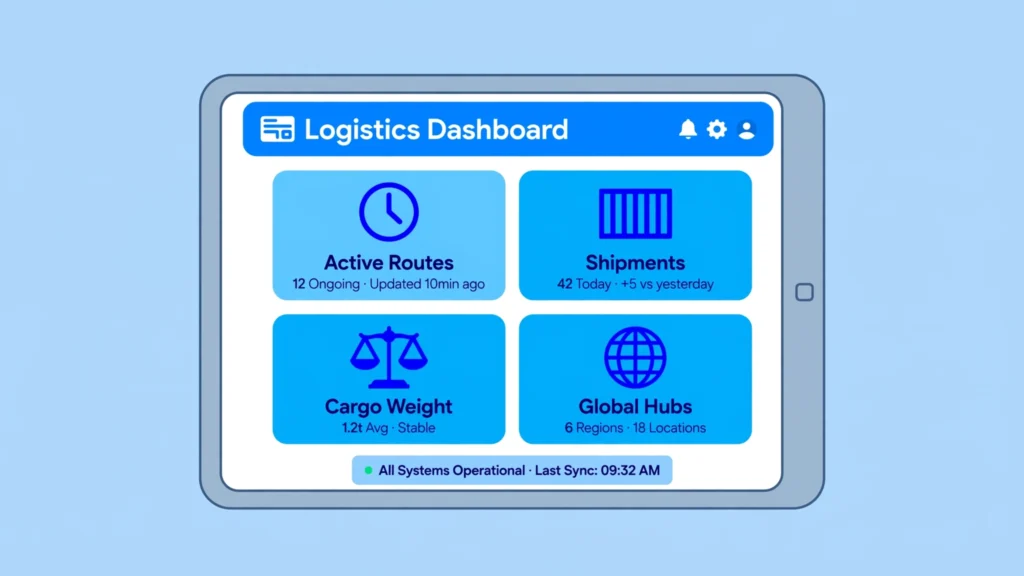Digital logistics dashboard with freight planning tools for shipping, transit time and container selection