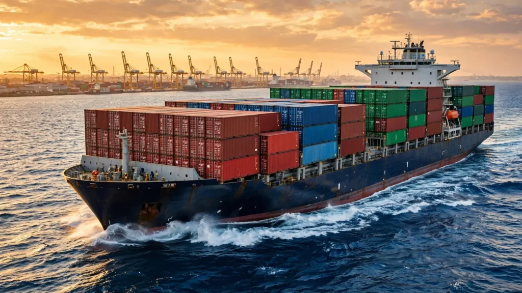 Sea freight shipping container vessel transporting international cargo