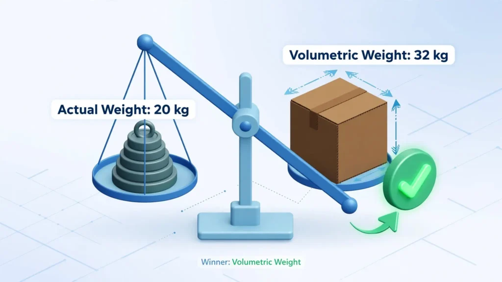 A balance scale comparing actual weight against a higher volumetric weight.