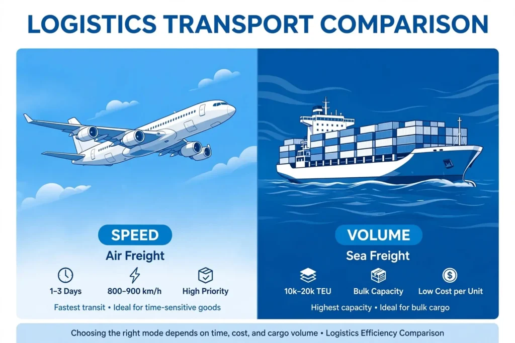Air freight vs sea freight cargo transportation comparison.