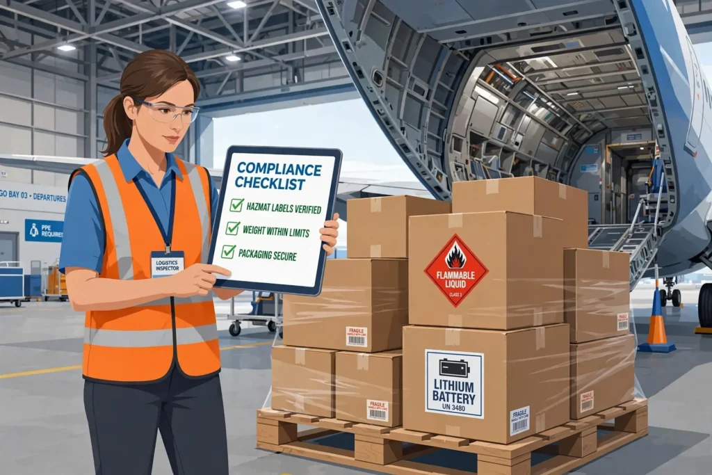 Dangerous goods inspection for air freight compliance at airport hangar.