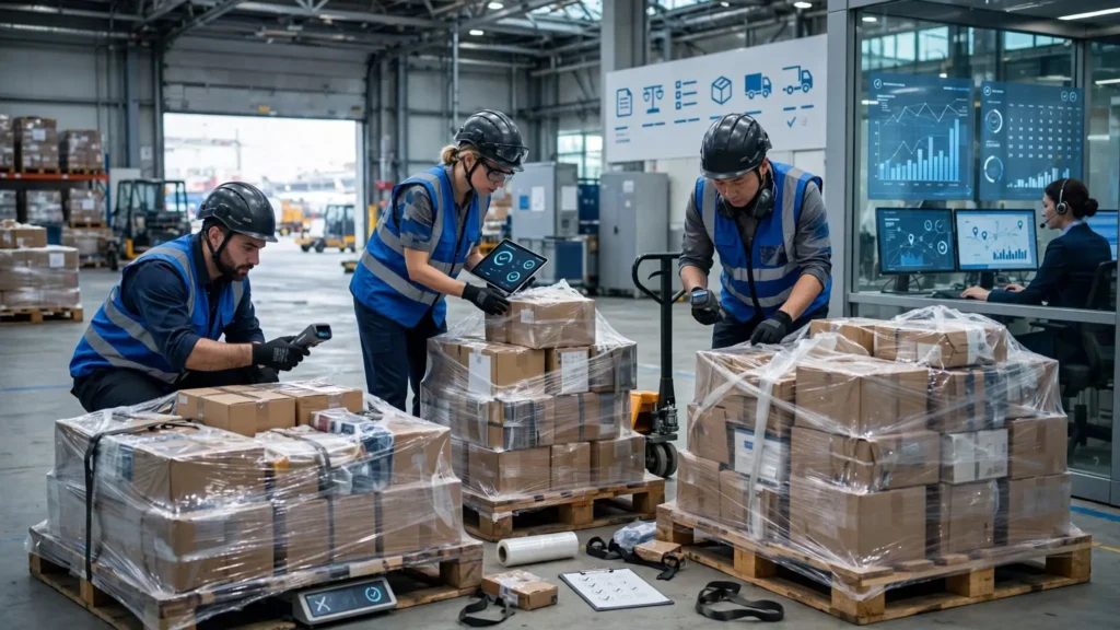 Commercial cargo being inspected and prepared at an airport air freight facility