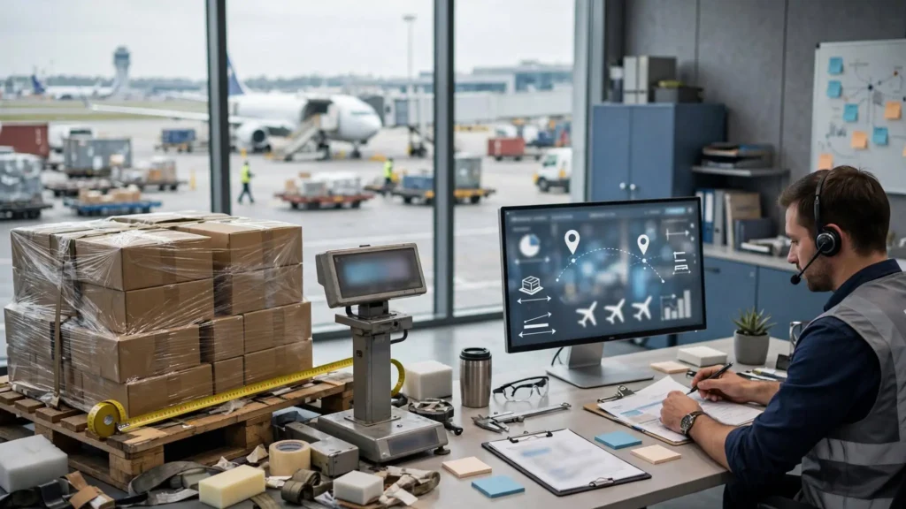 Commercial cargo being measured and planned for an international air freight shipment