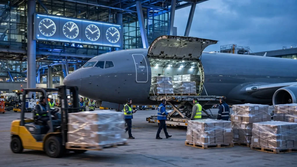 Time-sensitive commercial cargo being loaded onto an international air freight aircraft