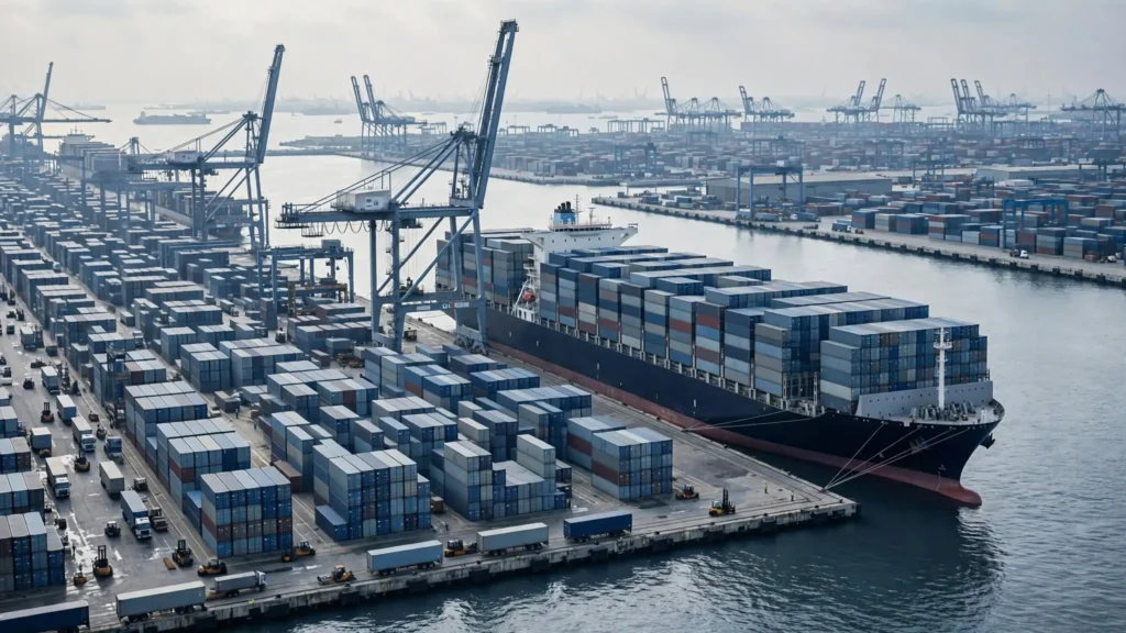 Large container ship transporting high-volume commercial cargo by sea