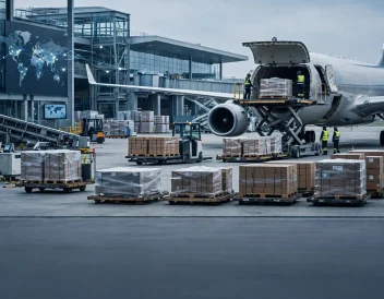 International air freight cargo being prepared for shipment at an airport terminal